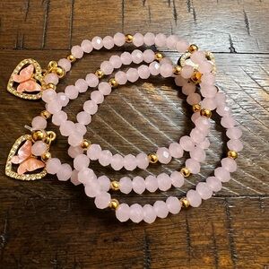 Lot of 3 Gold & Pink Beaded Stretch Bracelet with Heart Butterfly Charms Lot 820